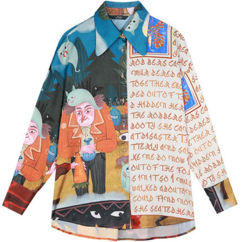 

LANMREM 2021 Satin Abstract Graffiti Print Long Sleeve Loose Shirt Women Chiffon Trendy Women's Chic Long Sleeve Blouse 2A2932