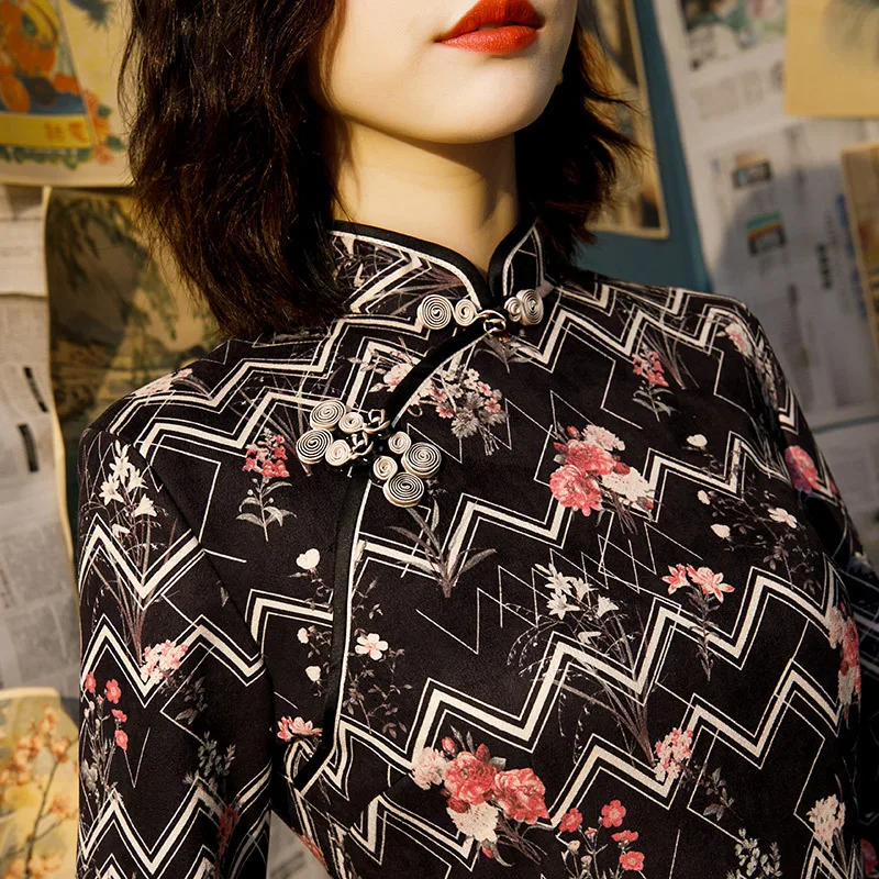 Sheng Coco мини сексуальное Полосатое платье Qipao с длинными рукавами Черное Чонсам с принтом из бархата с защитой для женщин новинка дизайн Китай Qi