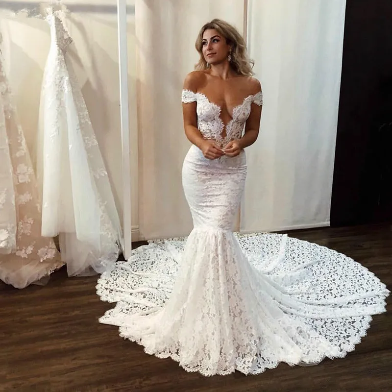 

2020 Sexy Mermaid Wedding Dresses Full Lace Appliques Off The Shoulder Beach Wedding Dress Chapel Train Boho abito da sposa