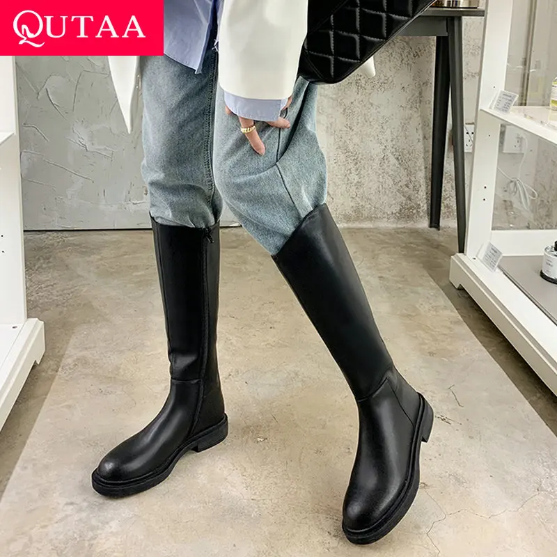 

QUTAA/2022 г. Зимние сапоги до колена на квадратном каблуке модная женская обувь с круглым носком высокие сапоги из натуральной кожи на молнии ра...
