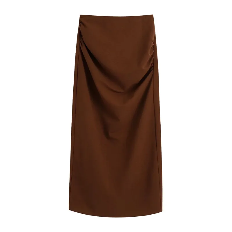 

Alinemyer Women's Pencil Skirt Za Brown High Waist Long Skirt Women Autumn 2021 Slit Midi Woman Skirts Ruched Elegant Skirts