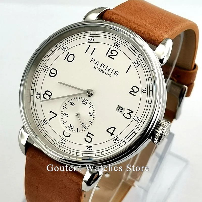 Parnis 42 мм Мужские часы лучший бренд механические мужские Серебристый футляр для