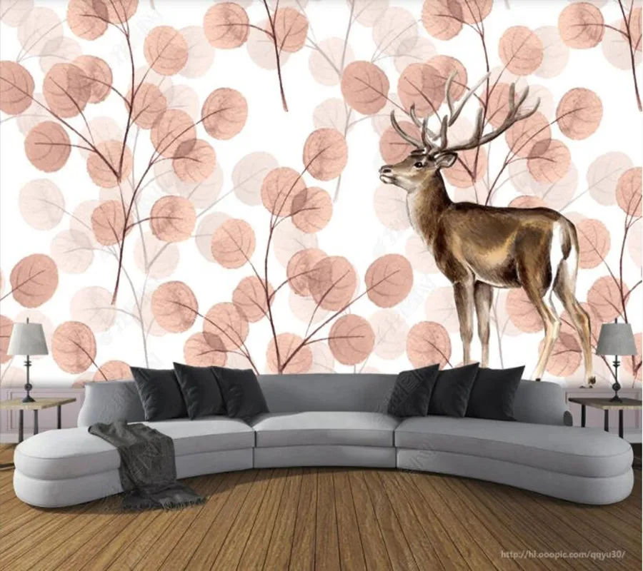 

Papel de parede Nordic abstract woods leaves elk hand drawn 3d wallpaper,bedroom KTV bar mural wall decor