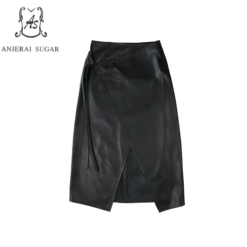 Женские осенние юбки из натуральной кожи черные асимметричные с высокой талией и