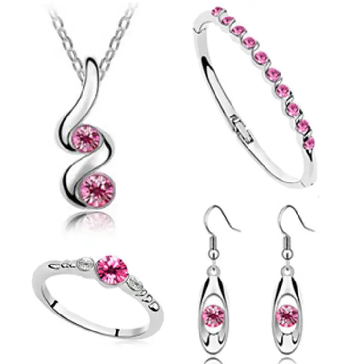 

Exquisite Pearl 925 Sterling Silver Jewelry Set Necklace Pendant Rose Red Four-piece Jewelry Women Wedding Party s022
