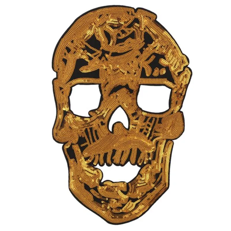 

T shirt Women biker patch golden sequins 345mm skull head deal with it biker patches for clothing fabric stickers Christmas gift