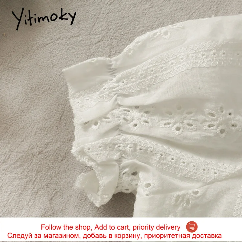 

Yitimoky Women Blouses Hollow Out The Spring Summer 2021 Korean Fashion New Clothing Lantern Sleeve V-Neck Short Solid Crop Tops