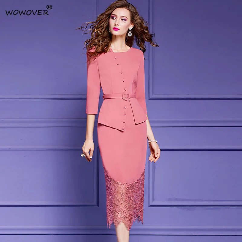

2022 Spring Clothes for Women Elegant Designer Office Lady Midi Blazer Dress Lace Patchwork Business Vestido Cocktail Party Robe