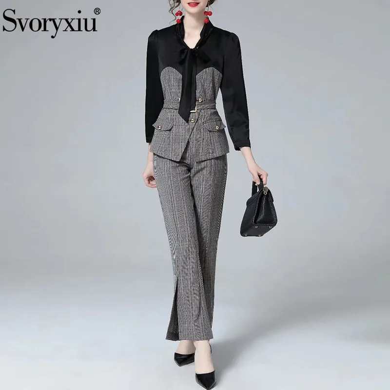 

Svoryxiu Fashion Office Lady Autumn Retro Casual Straight Type Pants Suit Bow O-Neck Slim Jacket + Plaid Trousers 2-Piece Set