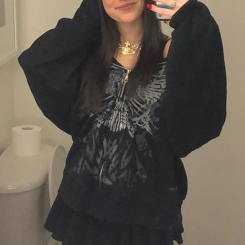 Butterfly Graphic Harajuku Long Sleeve Zip Up Coat Women Emo Fairy Grunge Sweatshirt Y2k Dark Aesthetic Alt Vintage Clothes | Женская