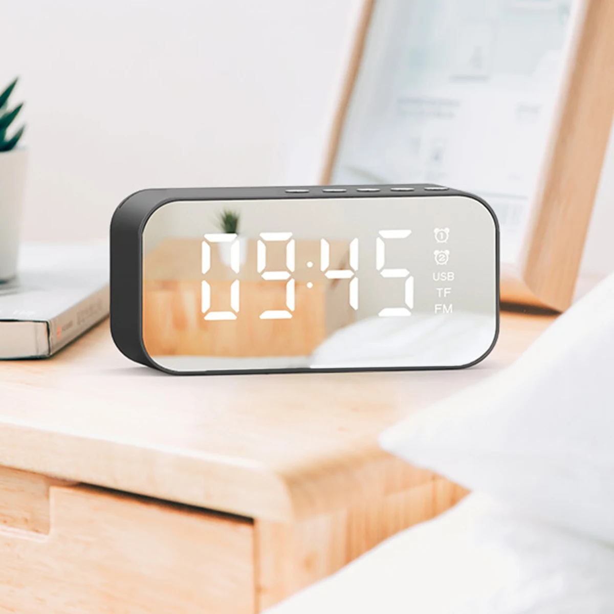 

Alarm Clock Wireless Bluetooth Speaker Music Player Desktop Mirror Screen FM Radio TF Card Bass Speaker Temperature Display Home