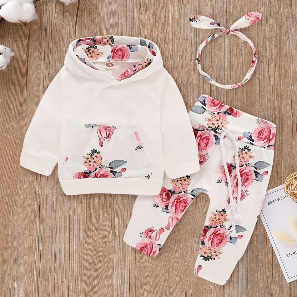 Toddler Baby Girl Clothes Set Newborn Girls Outfit White Pocket Hoodie Top + Floral Print Pants+Headband Spring New Born Fashion