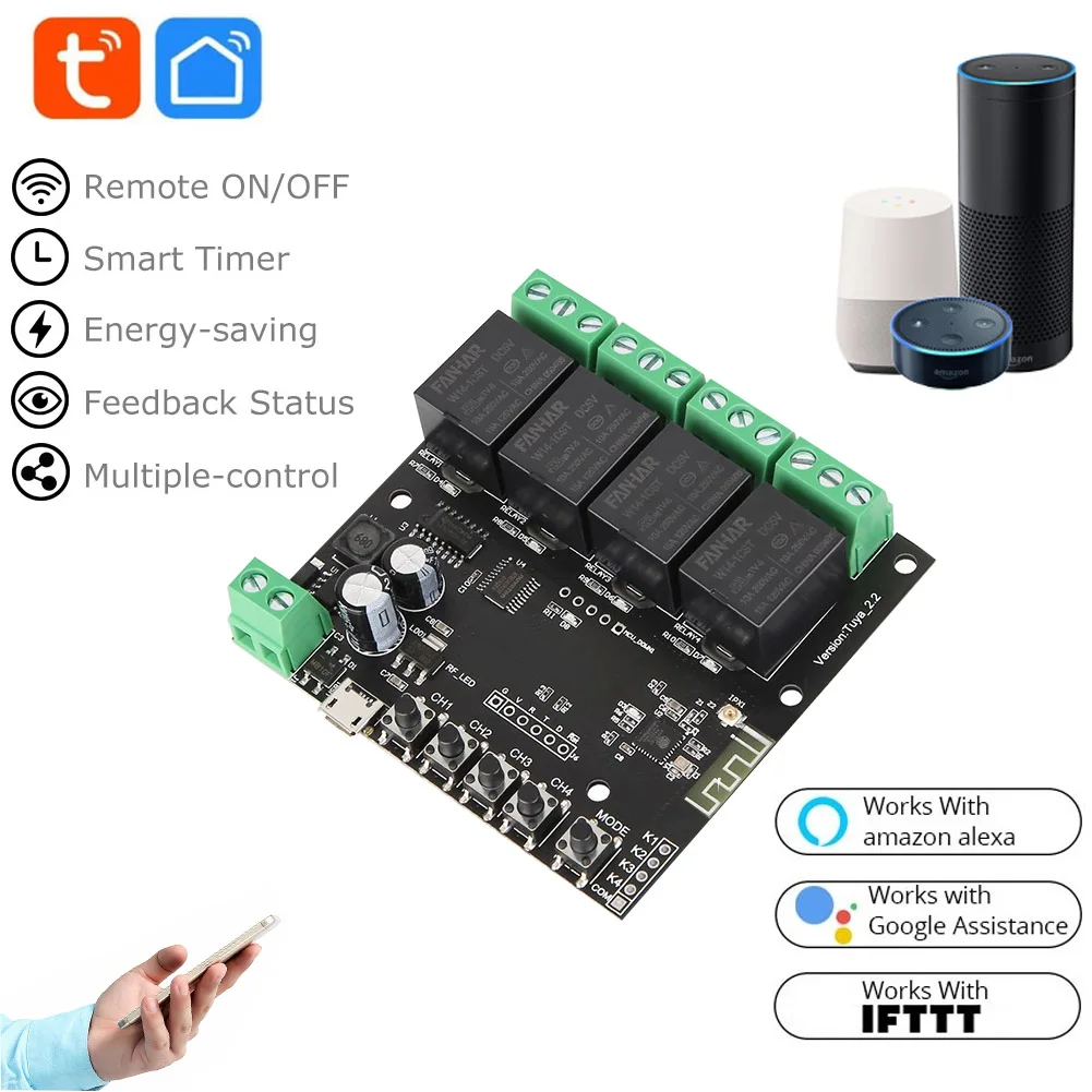 4CH WiFi Relay Smart Momentary Switch Module Inching Self-locking Tuya Life APP Remote Control Work with Alexa Google Home | Электроника