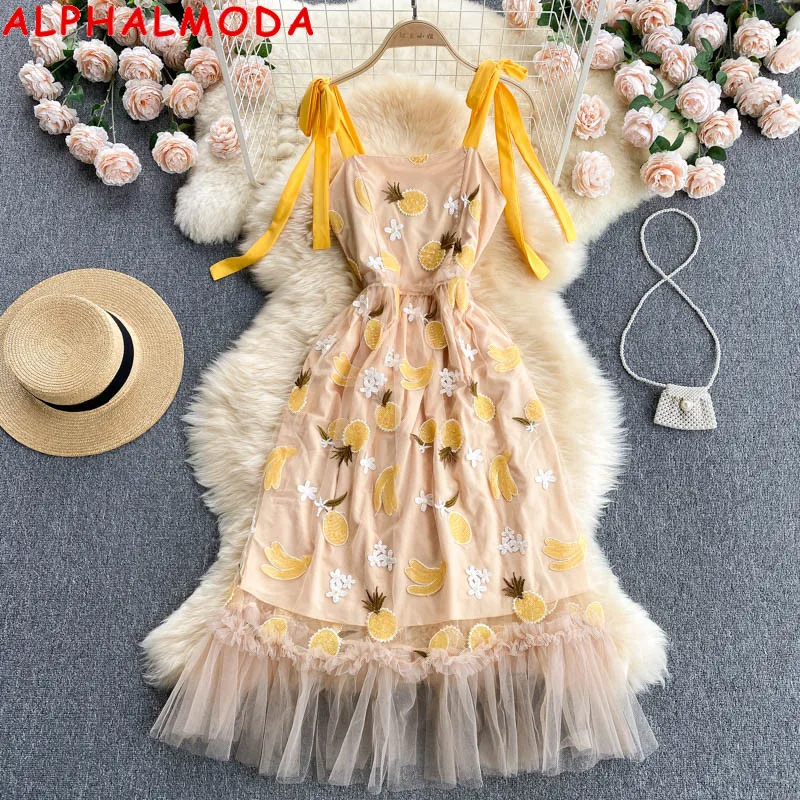 

ALPHALMODA 2021 New Embroidery Fruits Youthful Binding Strap Mesh Dress Women Graceful Summer Tank Dress