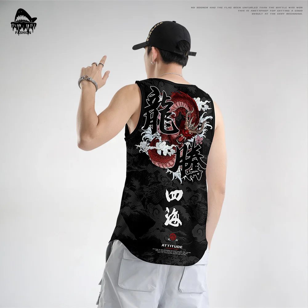 Майка мужская с принтом в китайском стиле топ для бодибилдинга тренировок