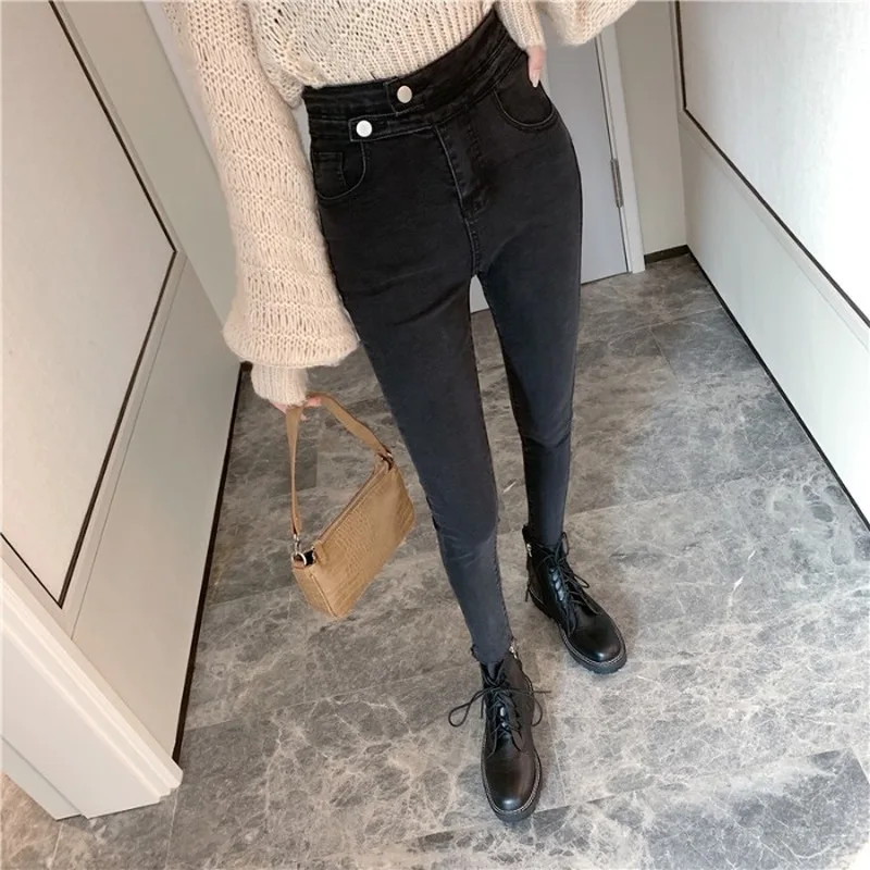 

Women Jeans Pencil Pants Denim High Waist Slim Solid Stretchy Females Leisure Chic Elegant All-match Street Plus Velvet Thicken
