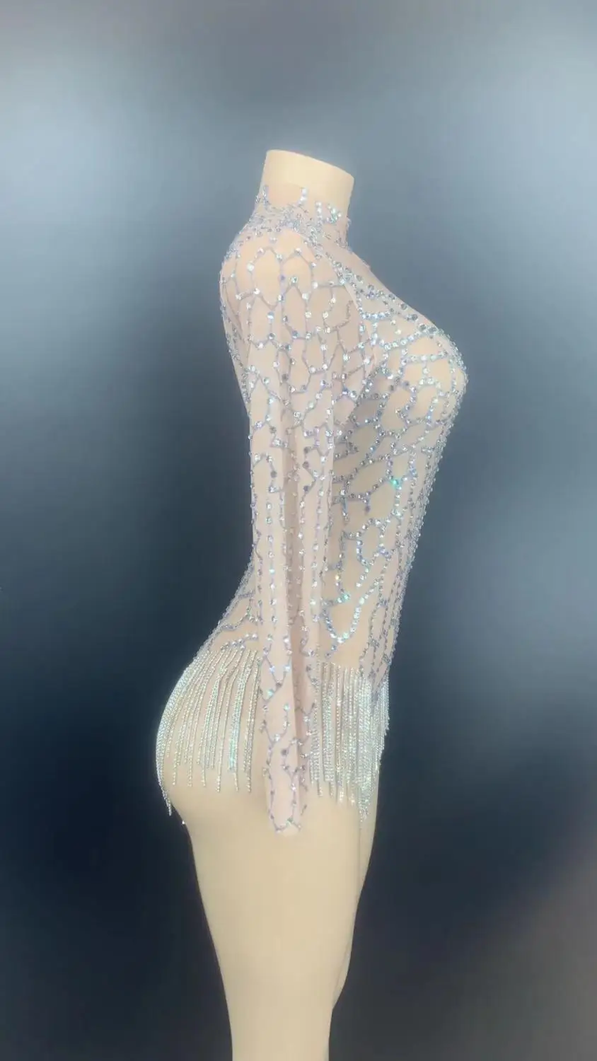 Women Sexy Stage Silver Rhinestones Fringes Backless Transparent Mesh Bodysuit Women Dancer DS Wear Birthday Celebrate Outfit