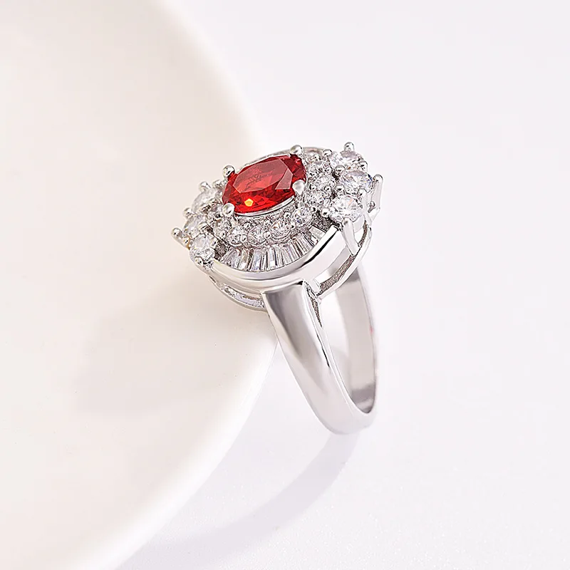 

OMHXZJ Wholesale European Fashion Woman Girl Party Birthday Wedding Gift Vintage White Red AAA Zircon 18KT White Gold Ring RR863
