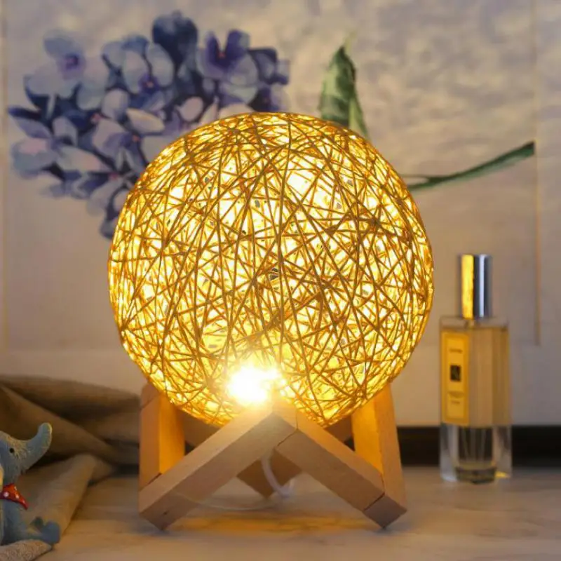 Теплый ротанговый бильярдный светодиодный светильник для спальни прикроватный