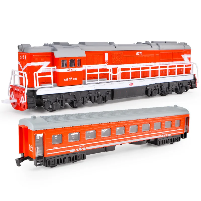 

1:60 Double section alloy retro green leather train model simulation locomotive light music pull back function children toy car