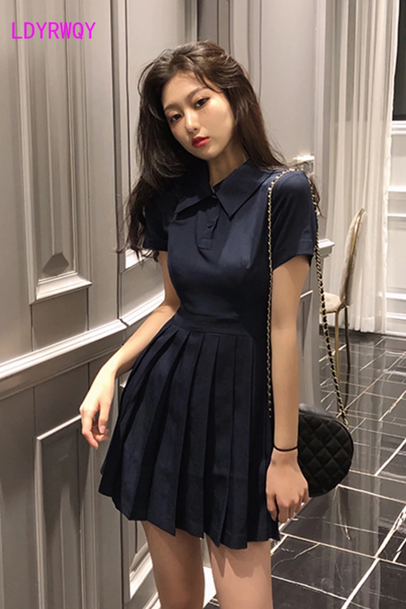 

[LDYRWQY] Temperament slim dress female spring and summer new short-sleeved waist long Office Lady Turn-down Collar