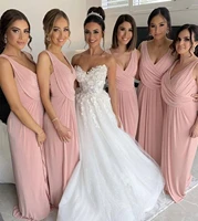 2021 bridesmaid dress pink tank floor length chiffon pleat women party gowns v neck sleeveless robe de soir%c3%a9e de mariage girls
