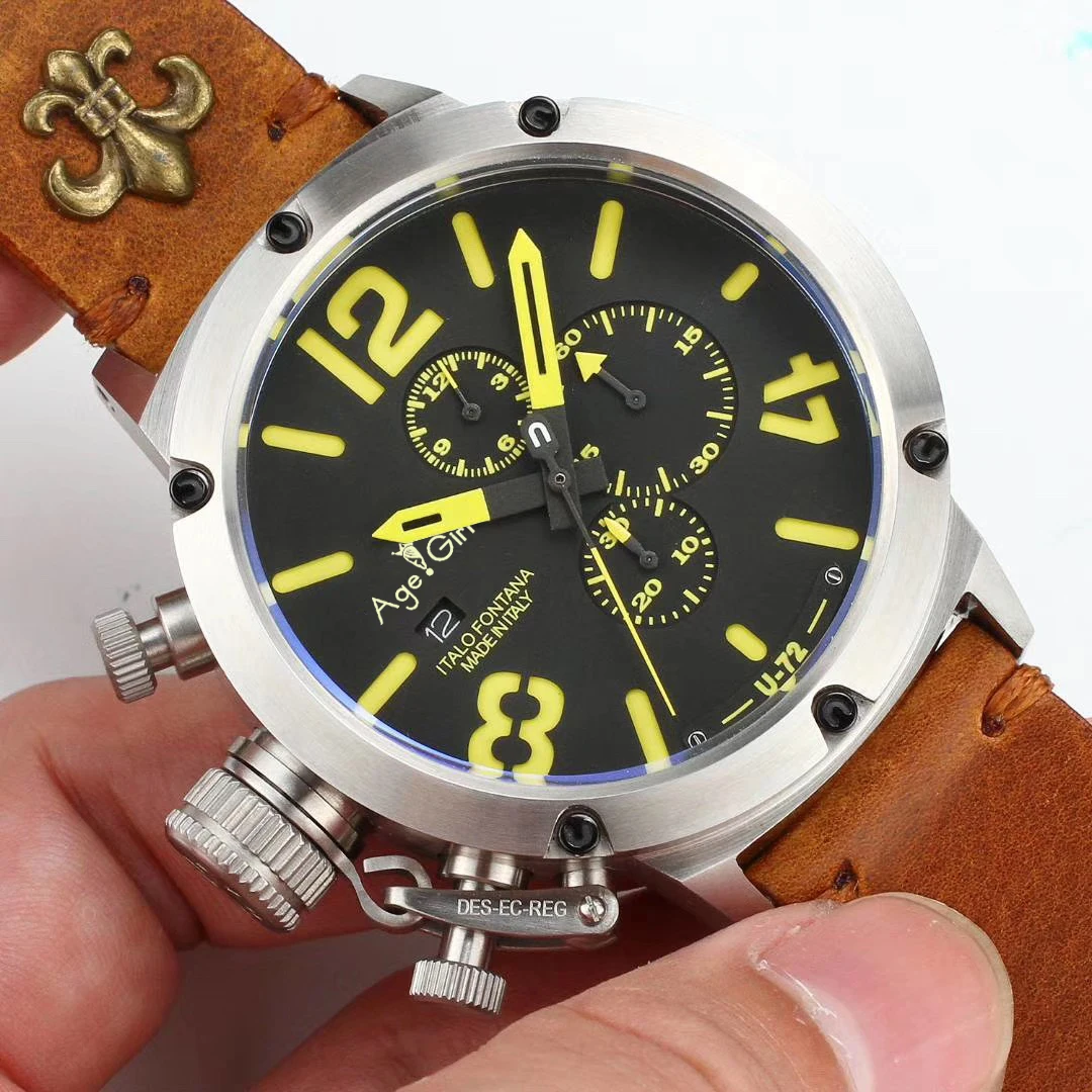Yellow Brown Новинка, кварцевые Секундомер-хронограф для мужчин, U CHRONOMETER U72 Chimera, серебристый, в возрасте, коричневый, корова, черный, кожа, часы для лодки, белый, оранжевый - Цвет: Yellow Brown