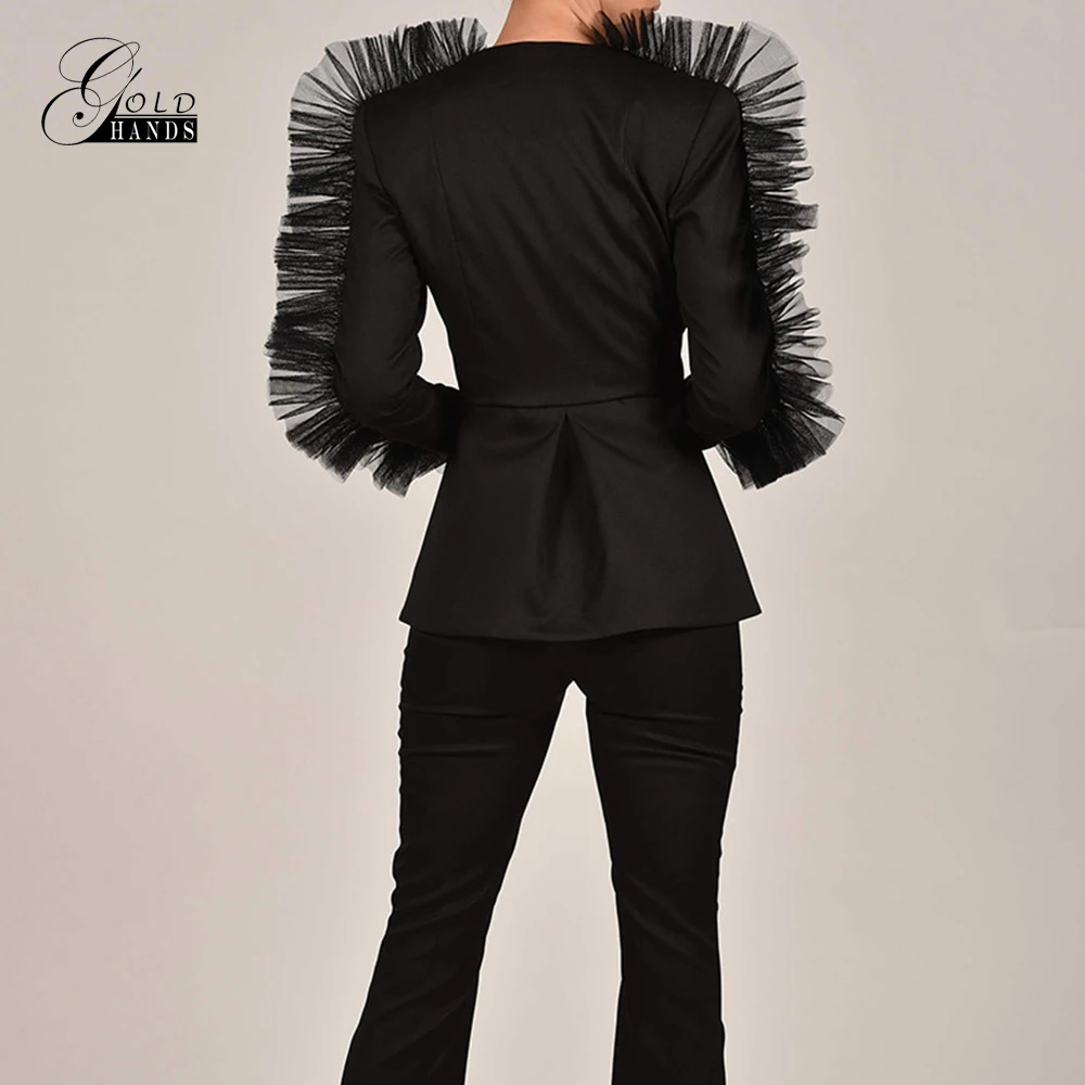 Gold Hands 2019 New Women Deep V-Neck Mesh Spliced Sexy Blazer and Shorts Set Long Sleeve Autumn Two Piece Casual Free Ship | Женская