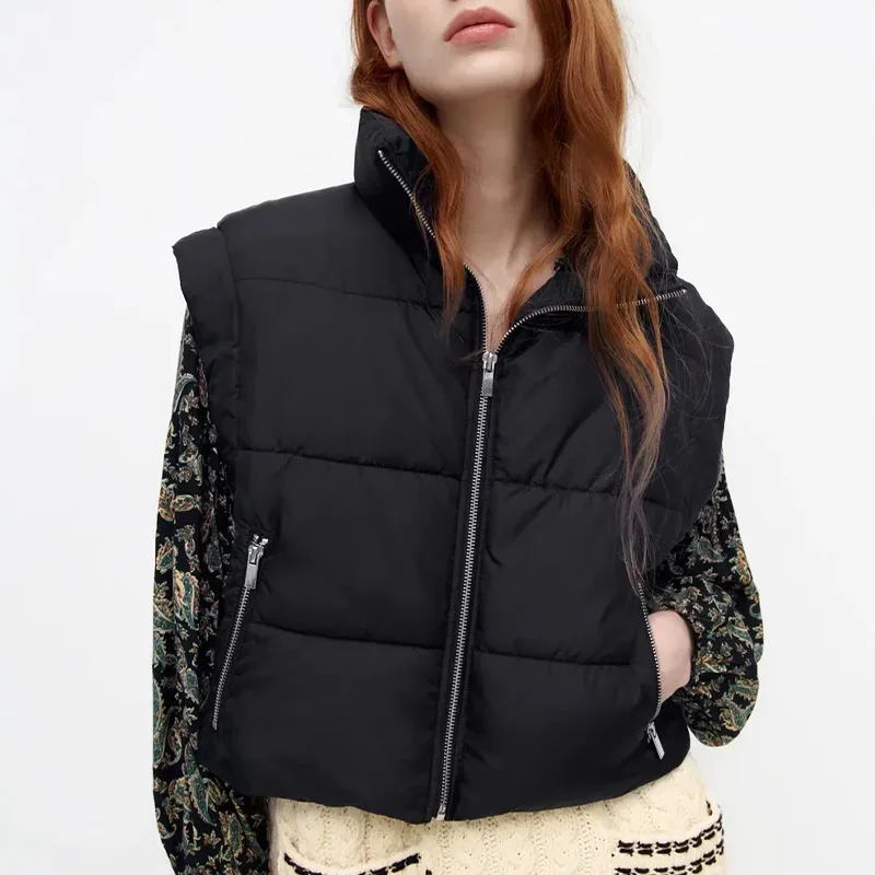 

Za Women's Vest Parkas Jacket Black Zipper Waistcoat Sleeveless Top Outwear Streewear Vest Coat Solid Fashion Warm Jacket Woman
