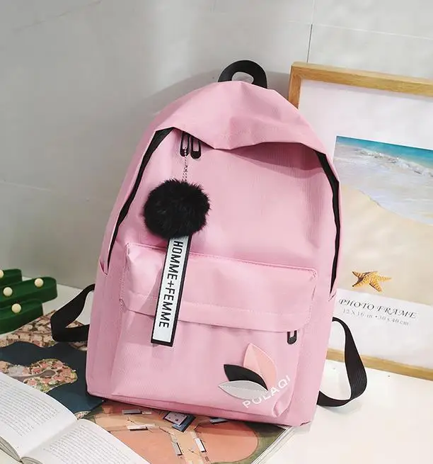 pink Повседневный холщовый рюкзак, Студенческая сумка на плечо, модная школьная книга, рюкзак для подростков, с аппликацией, меховой шар, ранец, сумка в консервативном стиле - Цвет: pink