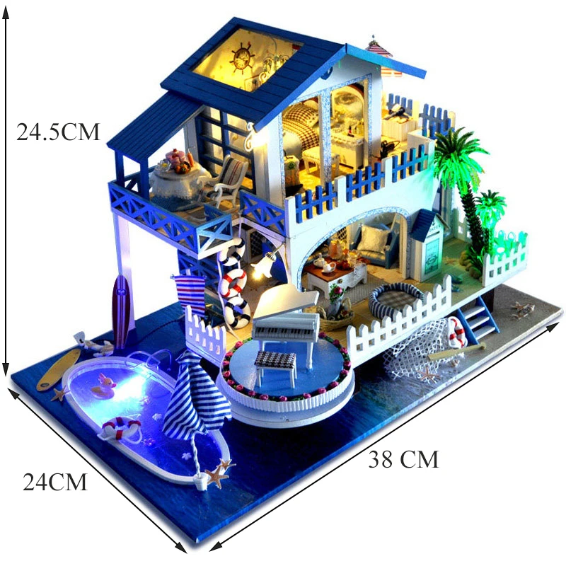 

Blue Case DIY Wooden Dollhouses Villa Assembled Miniature With Furniture Swimming Pull Doll House Toys For Children Girls Gifts