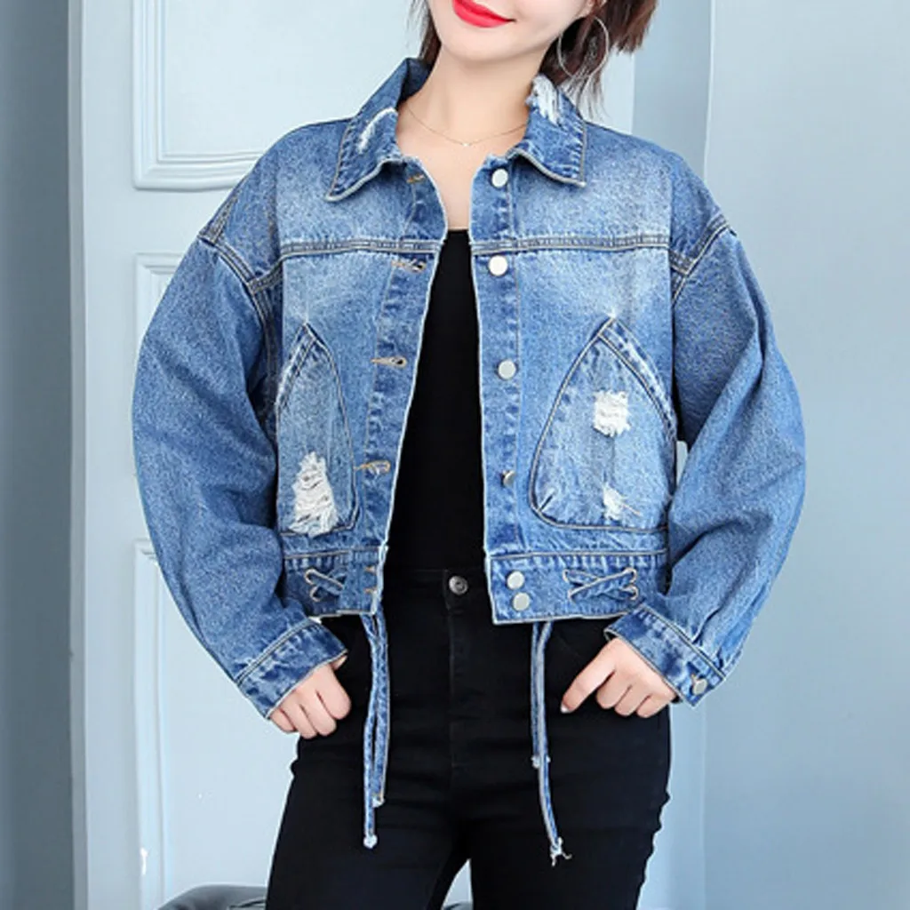 Женская джинсовая куртка Feitong светильник голубая Свободная Осенняя с длинным