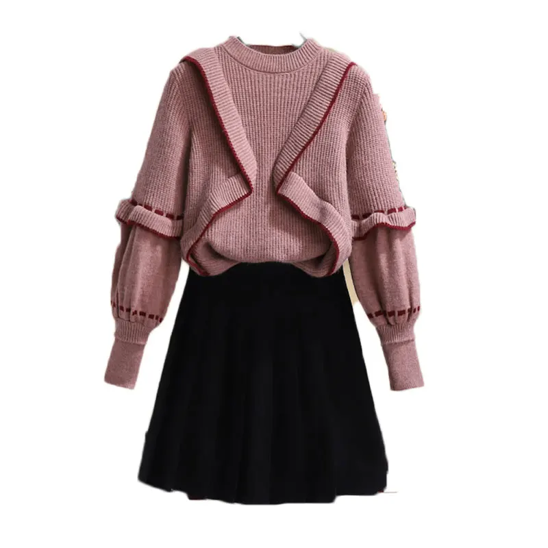 

Autumn New Sweater Knitted Top Black Pleated Skirt Female Outside Two-Piece Outfit Women Pullover Leisure Upper Garment