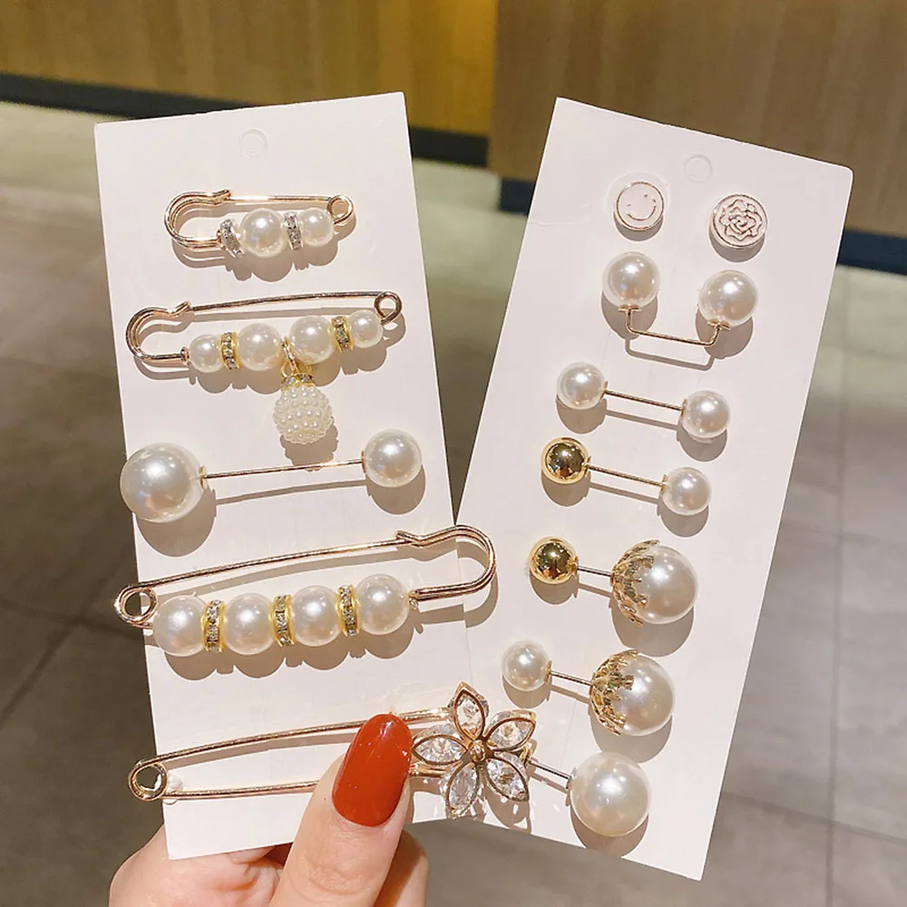 Brooch Set Big Beads Fashion Clothing Brooches for Women Pearl Lapel Pin Sweater Dress Pins Badge Buckle Accessories | Украшения и