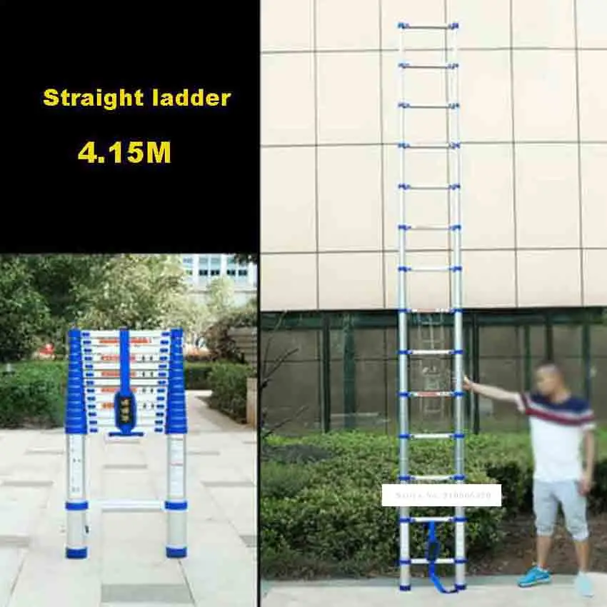 Portable Household Extension Ladder JJS511 Thicken Aluminium Alloy Single-sided Straight Ladder 4.15M 14-Step Telescopic Ladder