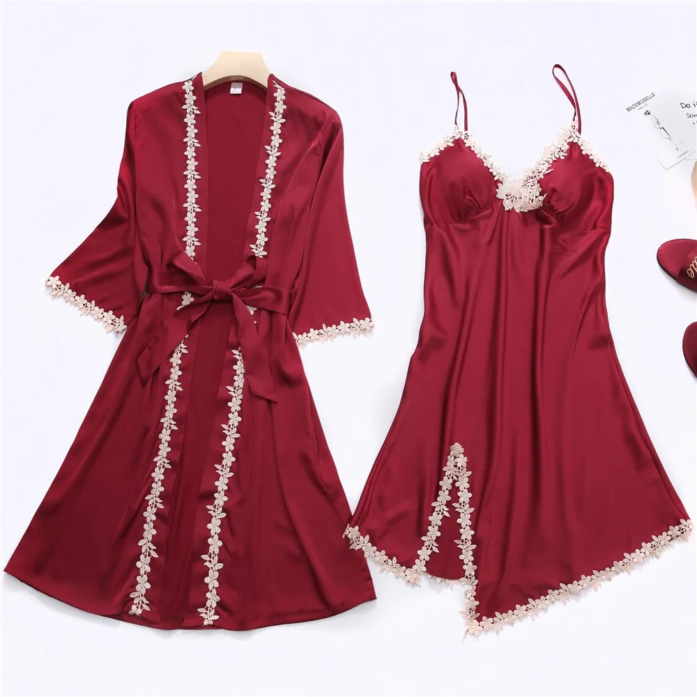 

Women Satin Nightwear Sleepwear Sexy 2PCS Robe Set Intimate Lingerie Casual Home Clothes Soft Kimono Bathrobe Gown Nightdress