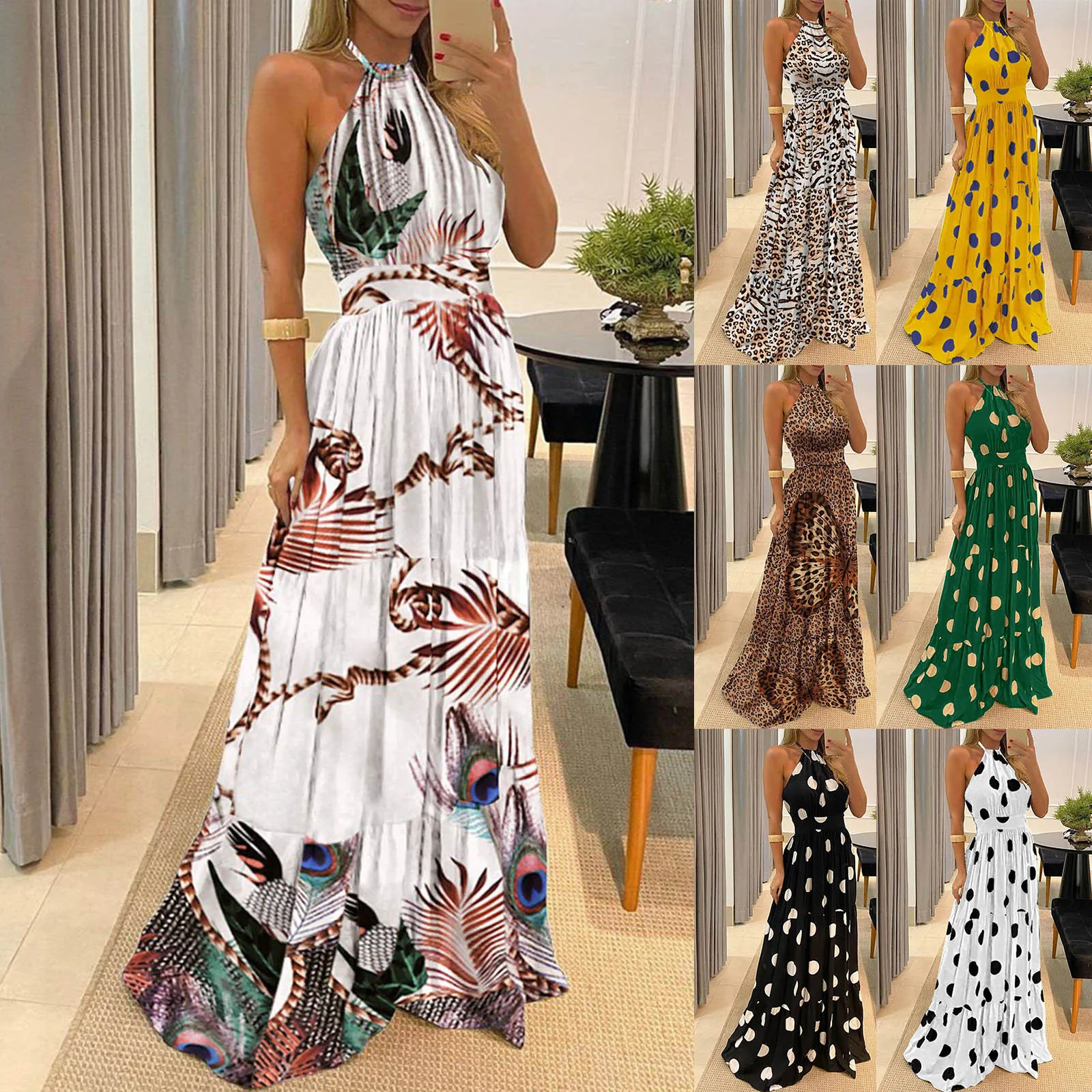 

2021 New Women Halter Polka Dot Dress Backless Maxi Dress Sexy Ladies Sleeveless Beach Clothes Vintage Ruffle Long Vestidos Robe
