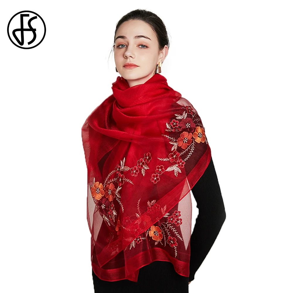 

Шарф женский Шелковый кружевной с цветочной вышивкой, осень