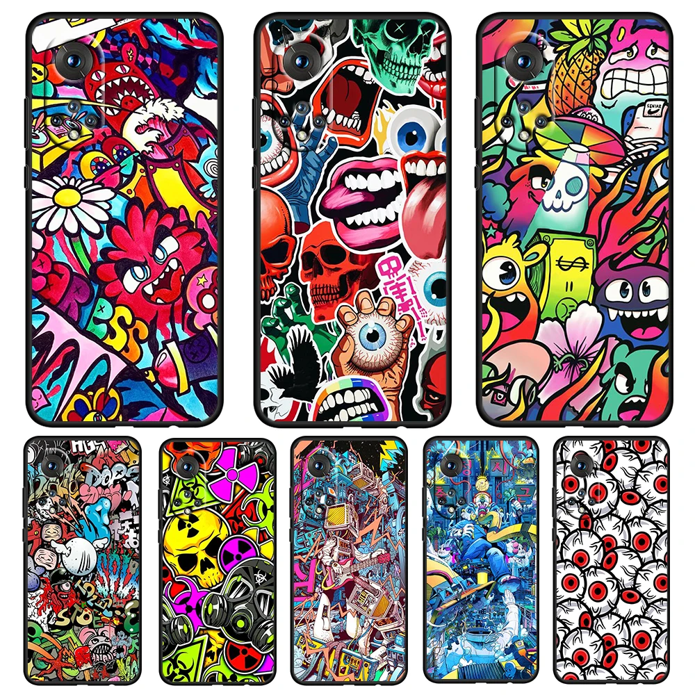 

Japanese graffiti sticker For Honor 50 30 V30 View 20 20E X20 Play5 5T Magic3 Pro Plus SE Lite 5G Black Soft TPU Phone Case