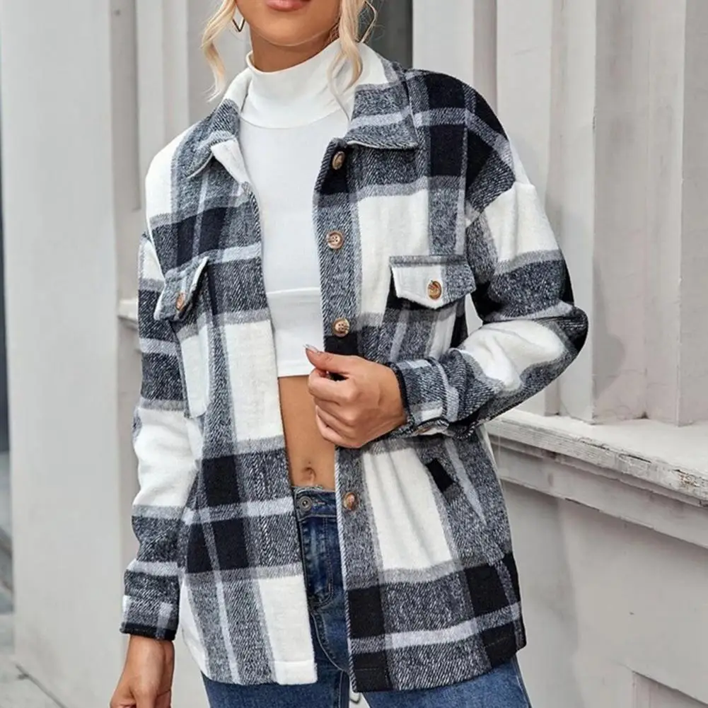 

Shirt Jacket Skin-Touch Winter Coat All-Match Thick Trendy Plaid Print Buttons Casual Coat