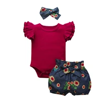 3 18 months baby girls clothing set fly sleeve floral romper shorts bowknot hairband 3pcs infant outfits summer girl clothes