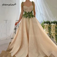 chenxiao champagne polka dotted tulle prom dresses a line green 3d flowers spaghetti straps long evening gowns 2022 customize