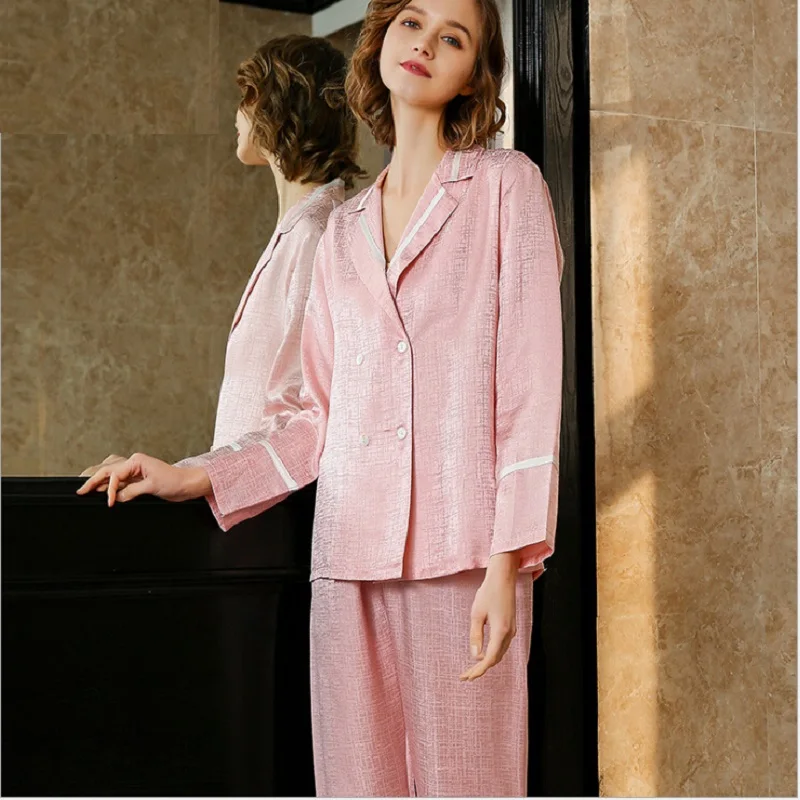 Womens Pajamas Homewear Sleepwears Sets 2020 Silk Stain Pink Full Sleeve Double breasted Vintage Fashion Sleep Pyjama Set Lady
