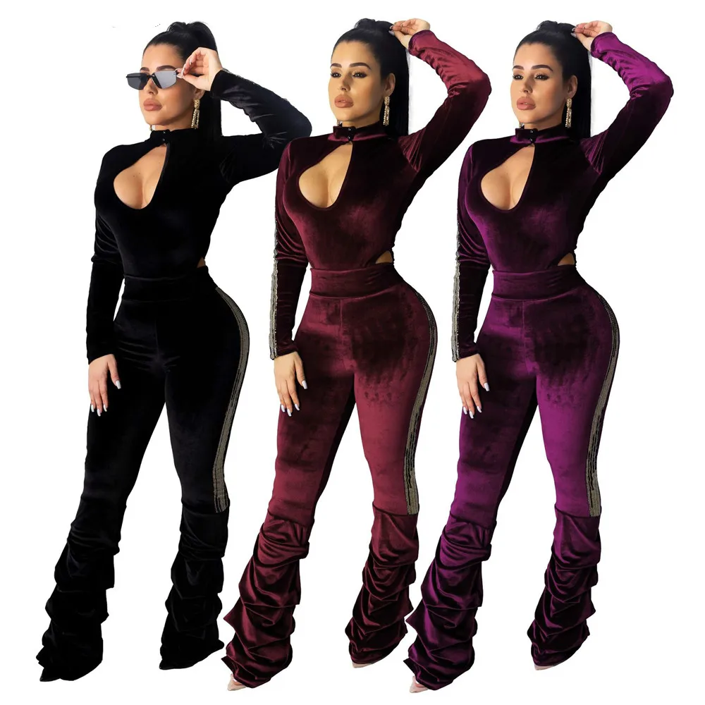 

Tmustobe Winter Sexy Velvet Jumpsuits Women Hollow Out Rompers Pleated Party Club Overalls Autumn Long Sleeve O-Neck Outfits
