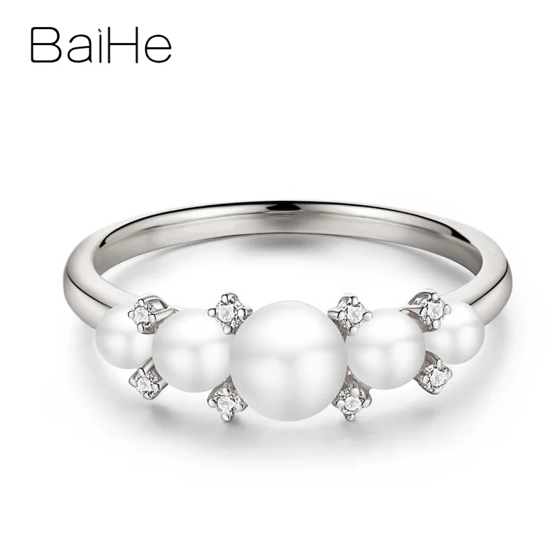White Gold BAIHE, 18 к, желтое золото, 3-5 мм, сертифицированный круглый пресноводный жемчуг, 0.06ct, бриллиант, для свадьбы, для женщин, модное, хорошее ювелирное изделие, подарочное кольцо - Цвет камня: White Gold