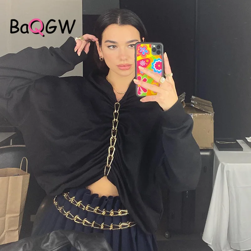 

Повседневная Женская толстовка BaQGW в стиле пэчворк с цепочкой, женские толстовки с длинным рукавом на осень и зиму, топы, модная Свободная Же...