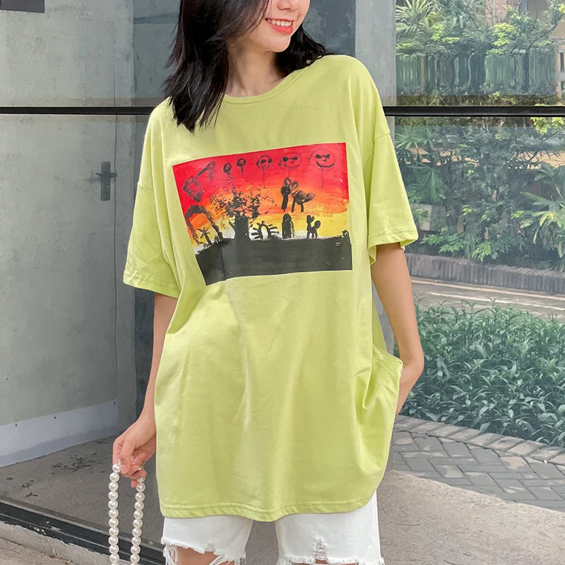 

Summer 100% Cotton Printed Women T-shirts Harajuku O Neck Short Sleeve Loose Oversize Long Cotton T-shirts Tee Tops Streetwear