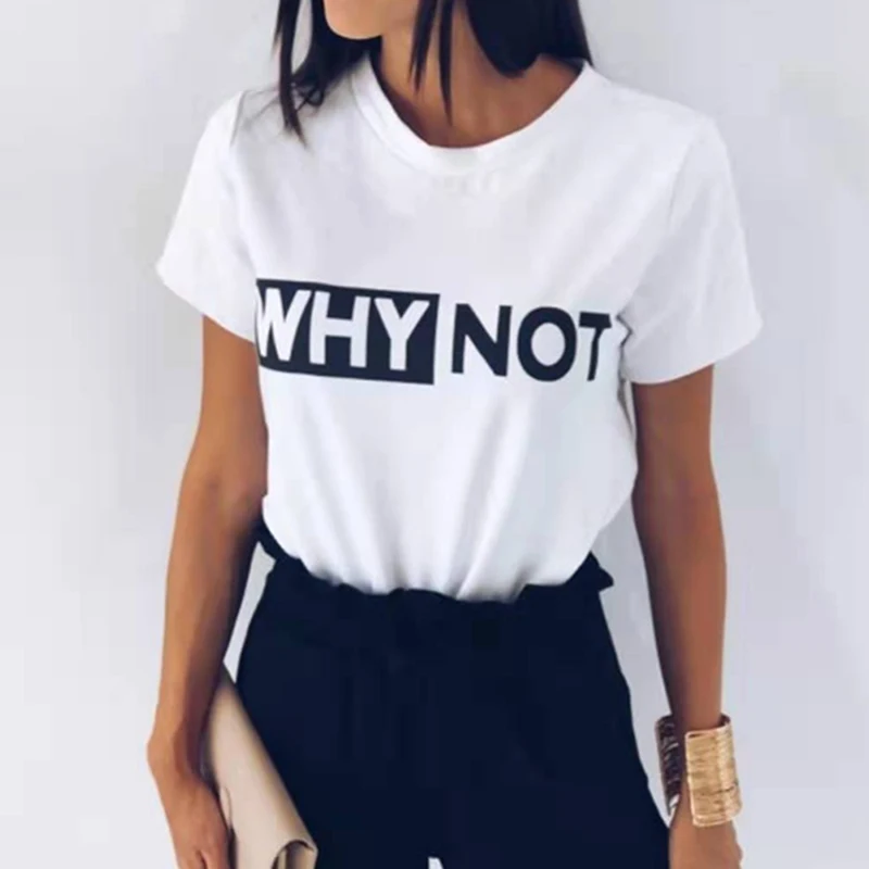 Футболка женская с надписью WHY NOT свободная рубашка коротким рукавом и круглым