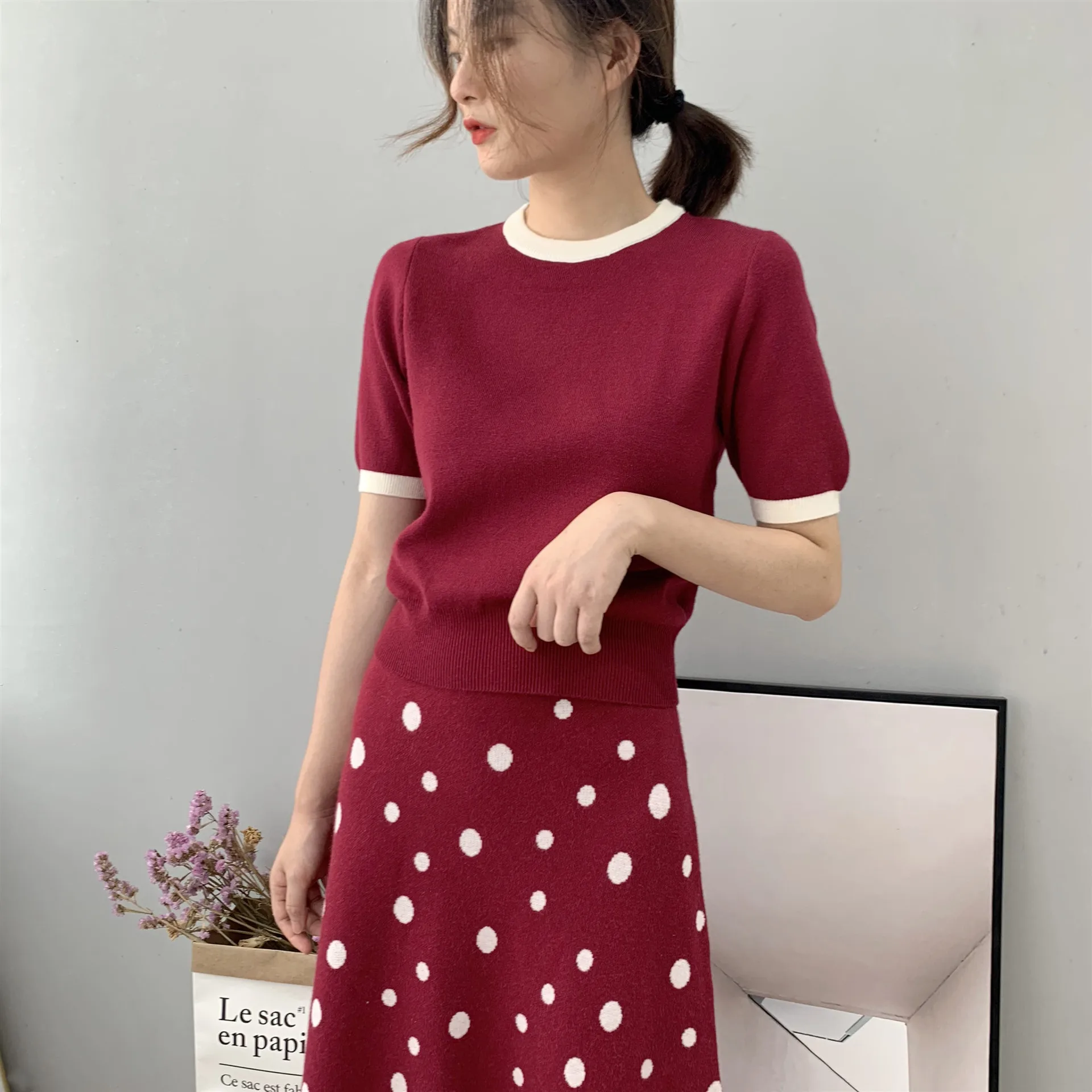 2019 Женский вязаный свитер с коротким рукавом и круглым вырезом в полоску тонкий