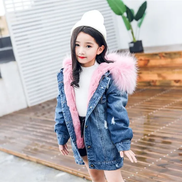 Джинсы для маленьких девочек натуральная зимняя розовая Меховая куртка малышей